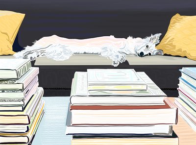 Minnie på sofaen med bøger, ca. 2020-24 (digital kunst) af Evan Sklar