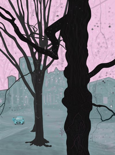 Gammelt træ, gammelt hus og bil, Brooklyn (digital kunst) af Evan Sklar