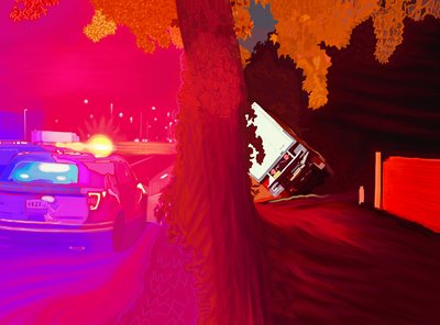 Væltet lastbil, 2025 (digital kunst) af Evan Sklar