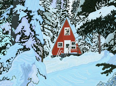 Rød, et rammehus i sne om natten (digital kunst) af Evan Sklar