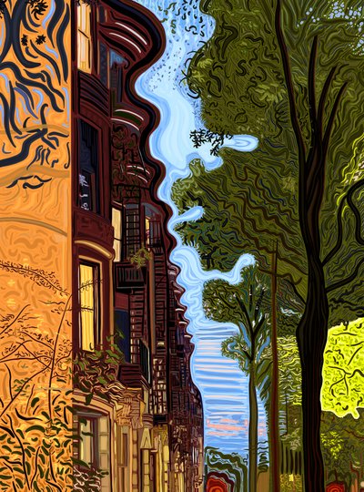 Taglinje og trægrænse ved solnedgang. (digital kunst) af Evan Sklar