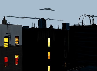 Tag og bygninger på en sommernat (digital kunst) af Evan Sklar
