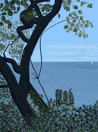 Hav og sejlbåd, Brooklyn (digital kunst) af Evan Sklar