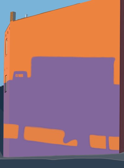 Skygge af lastbil fra hævet motorvej på siden af bygning. (digital kunst) af Evan Sklar