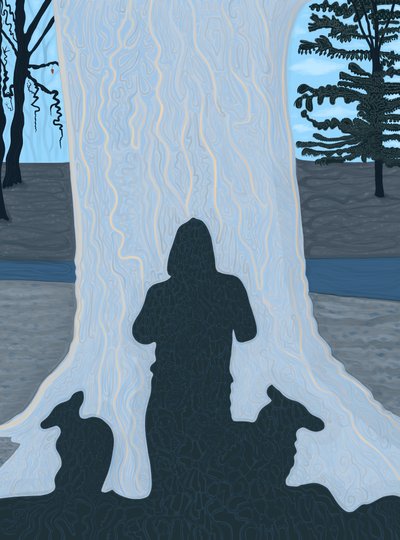 Skygge af mand og hund på stor træstamme, Brooklyn (digital kunst) af Evan Sklar