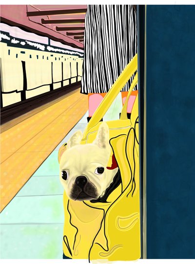 Subway-pendler med hund i taske, Brooklyn (digital kunst) af Evan Sklar