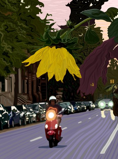 Solsikke og mand på rød scooter (digital kunst) af Evan Sklar