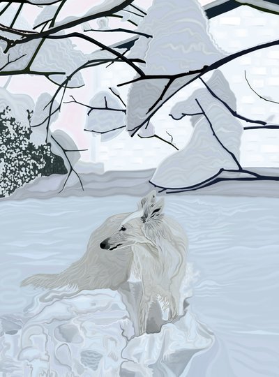 Hvid hund i sne (digital kunst) af Evan Sklar