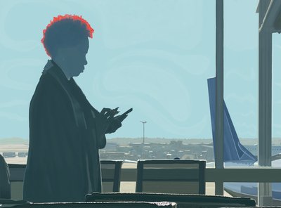 Kvinde venter i lufthavnen (digital kunst) af Evan Sklar