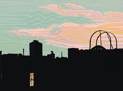 Taget og de spidse skyer i skumringen (digital kunst) af Evan Sklar