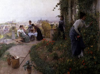 En sommereftermiddag, Liege, Belgien. En sommereftermiddag i Liege. Nogle kvinder drikker te på en terrasse. En af dem plukker blomster. Maleri af Evariste Carpentier (1845-1922, Belgien) Privat samling af Evariste Carpentier