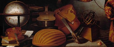 Stilleben med musikinstrumenter, Globe og Armillary Sphere Detail, 1600-tallet. af Evaristo Baschenis