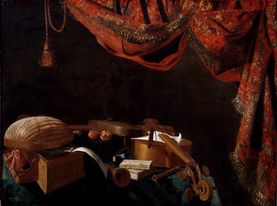 Stilleben med musikinstrumenter og bøger Maleri af Evaristo Baschenis af Evaristo Baschenis