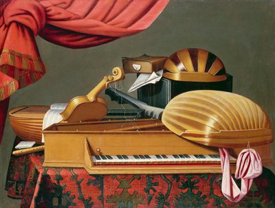 Stilleben med musikinstrumenter af Evaristo workshop of Baschenis