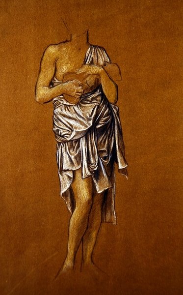 Venstrehånds kvindelig ansøger på en anløbsbro/ St Christin (blå og hvid farveblyant på papir) af Evelyn De Morgan