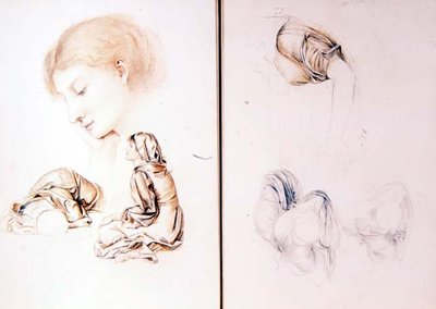 Seks studier af kvindelige modeller, to sider fra en af kunstnerens skitsebøger (blyant, kridt på papir) af Evelyn De Morgan