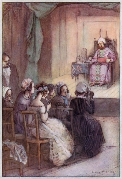 Illustration til Cranford af fru Gaskell (farve litho) af Evelyn Paul