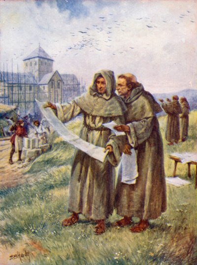 Bygning af et kloster (farve litho) af Evelyn Stuart Hardy