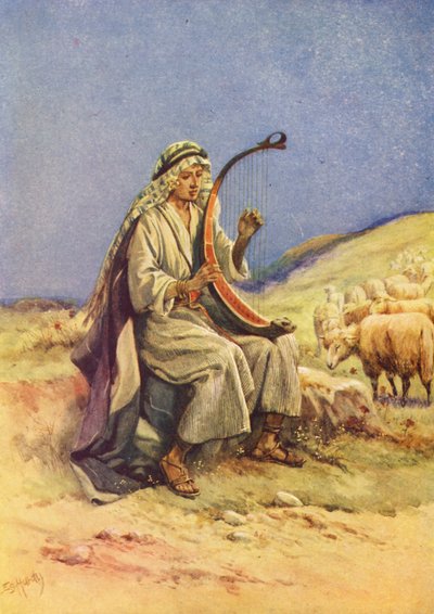 David spiller på sin harpe (farvelitografi) af Evelyn Stuart Hardy