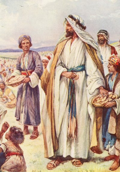 Jesus bespiser den store skare (farvelitografi) af Evelyn Stuart Hardy