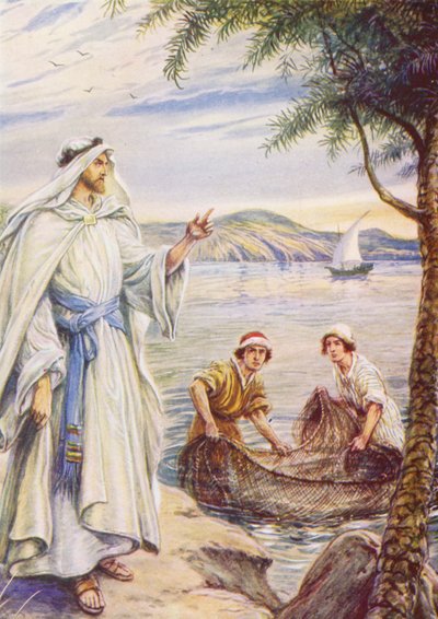 Jesus kalder på fiskeren (farvelitografi) af Evelyn Stuart Hardy