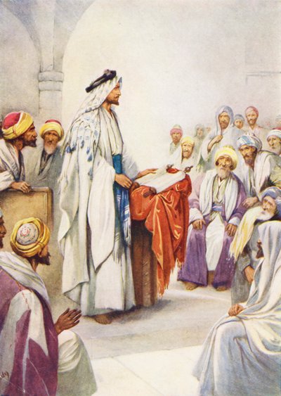 Jesus læser skrifterne (farvelitografi) af Evelyn Stuart Hardy