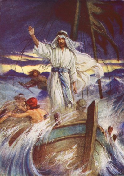 Jesus stilner stormen (farvelitografi) af Evelyn Stuart Hardy