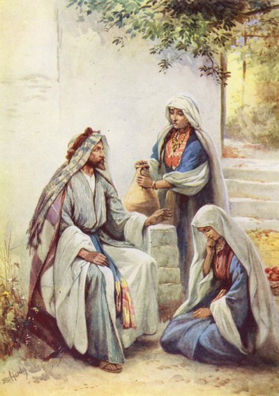 Jesus med Maria og Martha (farvelitografi) af Evelyn Stuart Hardy