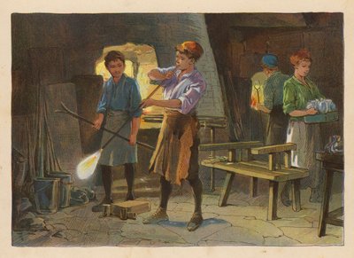 Små arbejdere: Glaspustning (farvelitografi) af Evelyn Stuart Hardy