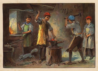 Små arbejdere: Smeden (farvelitografi) af Evelyn Stuart Hardy