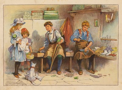 Små arbejdere: Støvle- og skomageren (farvelitografi) af Evelyn Stuart Hardy
