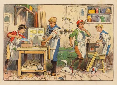 Små arbejdere: Tømreren (farvelitografi) af Evelyn Stuart Hardy