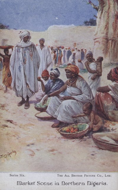 Markedsscene i det nordlige Algeriet (farve litho) af Evelyn Stuart Hardy