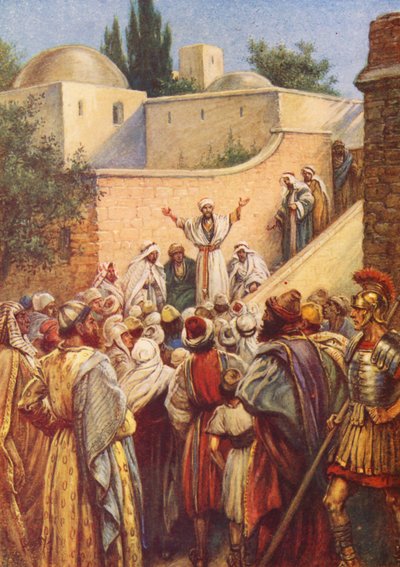 Peter fortæller dem om Jesus (farvelitografi) af Evelyn Stuart Hardy