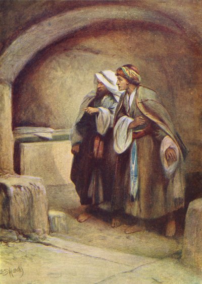 Peter og Johannes løber til graven (farvelitografi) af Evelyn Stuart Hardy
