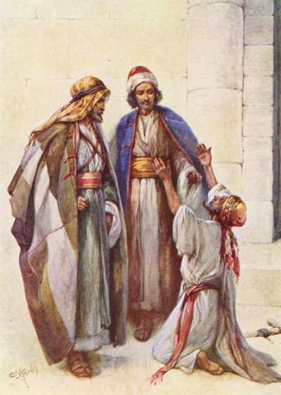 Peter og Johannes og den lamme mand (farvelitografi) af Evelyn Stuart Hardy