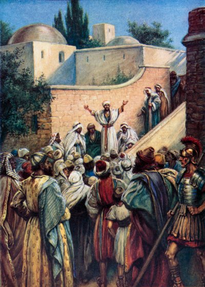 Peter fortæller dem om Jesus (farve litho) af Evelyn Stuart Hardy