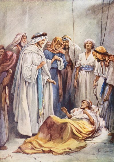 Manden, der blev lukket ned gennem taget (farvelitografi) af Evelyn Stuart Hardy