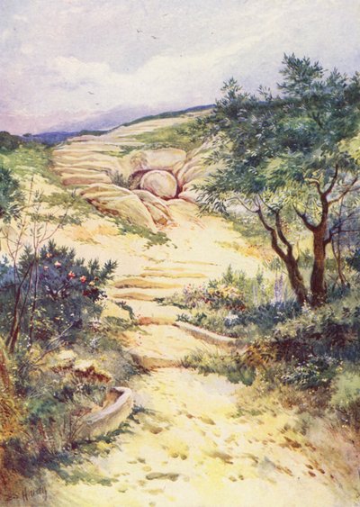 Graven i haven (farvelitografi) af Evelyn Stuart Hardy