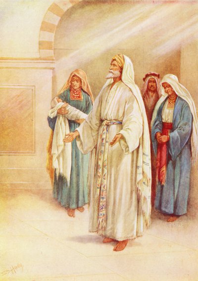 Zacharias og Elizabeth med baby John (farvelitografi) af Evelyn Stuart Hardy