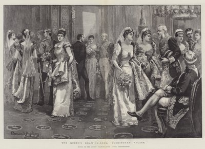 Dronningens tegnestue, Buckingham Palace, scene i den grønne tegnestue efter præsentation af Everard Hopkins