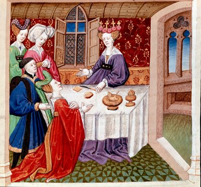 Iseult (eller Iseult) bønfalder om beskyttelse af dronning Guenevre, der sidder ved hendes bord. Miniature taget fra "" Romanesque du Chevalier Tristan et de la reine Yseult"" af Gassien de Poitiers belyst af Everard de Espinques (Evrard d