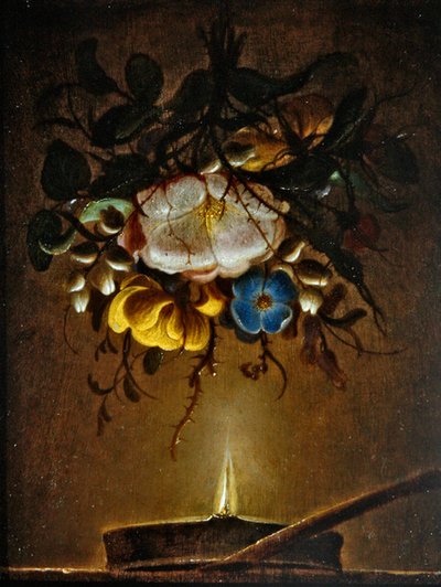 Et stilleben med en buket blomster hængende nær et stearinlys af Evert van Aelst