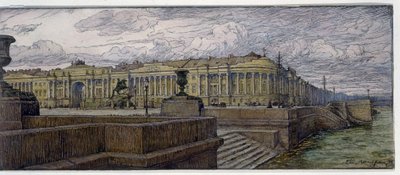 Senatspladsen i Sankt Petersborg. Beskrivelse af bygninger på bredden af ​​Neva. Værk af Evgeny Evgenyevich Lanceray (Eugene Lansere) (1875-1946), litografi af Evgeni Evgenievitch Lanceray