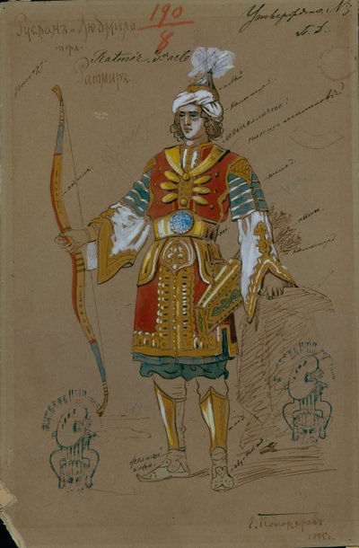 Kostumedesign til operaen Ruslan og Lyudmila af M. Glinka, 1885 af Evgeni Petrovich Ponomarev