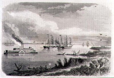 En dampbåd og en slæbebåd på Mississippi, graveret af Stephane Pannemaker (1847-1930) (gravering) af Evremond de (after) Berard