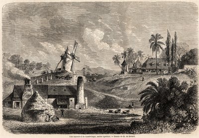 En sukkerfabrik i Guadeloupe, tegning af Auguste de Berard (1824-1881), for at illustrere rejserne til Vestindien, i 1858-1859, af Anthony Trollope (1815-1882). Indgravering i "" Le tour du monde, nouveau journal des voyages"" Paris af Evremond de (after) Berard