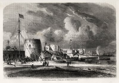 Havn i byen Zanzibar (nuværende Tanzania), tegning af Evremond de Berard (1824-1881), for at illustrere kaptajn Burtons rejse til de store søer i Østafrika i 1857-1859. Indgravering i "" Le tour du monde, nouveau journal des voyages"" Paris af Evremond de (after) Berard