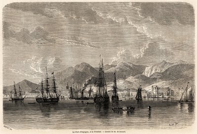 Spaniens havn, i Trinidad (Trinidad og Tobago), tegning af Evremond Auguste de Berard (1824-1881), for at illustrere rejserne til Vestindien, i 1858-1859, af Anthony Trollope (1815-1882). Indgravering i "" Le tour du monde, nouveau journal des voya af Evremond de (after) Berard