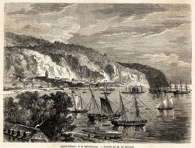 Udsigt over Saint Pierre på Martinique, tegning af Auguste de Berard (1824-1881), for at illustrere rejserne til Vestindien, i 1858-1859, af Anthony Trollope (1815-1882). Gravering i "" Jorden rundt, ny rejsejournal"" Paris af Evremond de (after) Berard